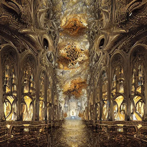 Image similar to a beautiful 3 d painting of a sprawling intricate cathedral populated by mandelbrot fractals by android jones, carved soap, white color scheme, unreal engine, volumetric lighting, dynamic lighting, dramatic lighting, high contrast, depth of field, carved marble, opalescent, sacred geometry, religious, angelic, catholicpunk, stark, trending on artstation