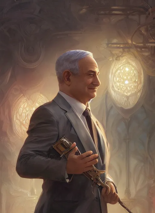 Image similar to beautiful benjamin netanyahu, elegant, closeup, fantasy, intricate, elegant, highly detailed, digital painting, artstation, concept art, matte, sharp focus, illustration, art by artgerm and greg rutkowski and alphonse mucha