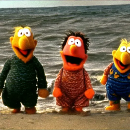 Prompt: Bert and Ernie storming Omaha beach in the movie saving private ryan