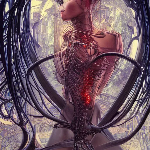 Image similar to take a journey through a computer's nightmare, hyperdetailed, 4 k, trending on artstation, dark and gloomy, cinematic, machines and wires, by artgerm, yoshitaka amano, moebius, alphonse mucha, h. r. giger