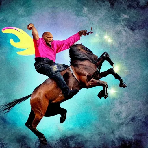 Prompt: mike tyson riding on a unicorn photograph