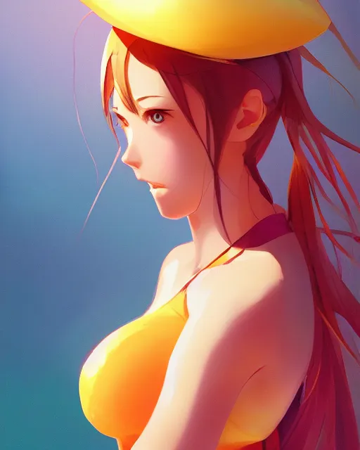 Image similar to a girl dressed as a mango fruit, mango color scheme, full shot, atmospheric lighting, detailed face, by makoto shinkai, stanley artgerm lau, wlop, rossdraws