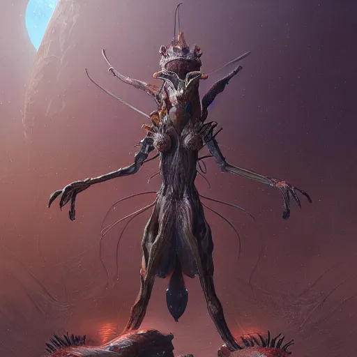 Prompt: A detailed painting of an anthropomorphic ant queen standing on her hind legs with large legs looking forward, stars in the background, formian pathfinder, digital art 4k, Wayne Barlowe Greg Rutkowski