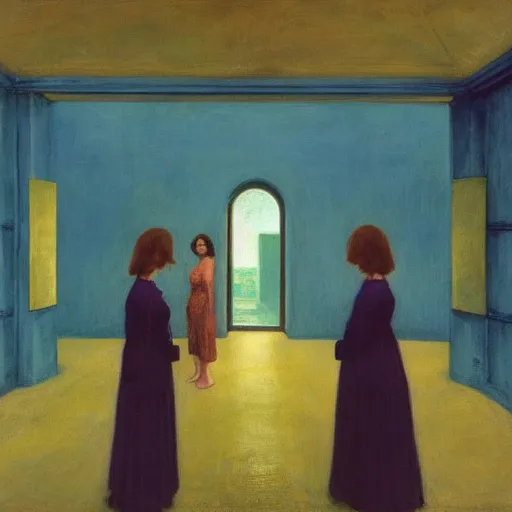 Image similar to procession of women in a blue and gold haunted liminal abandoned temple, film still by edward hopper, by gottfried helnwein, by klimt, art noveau, highly detailed, strong lights, liminal, eerie, bright pastel colors,