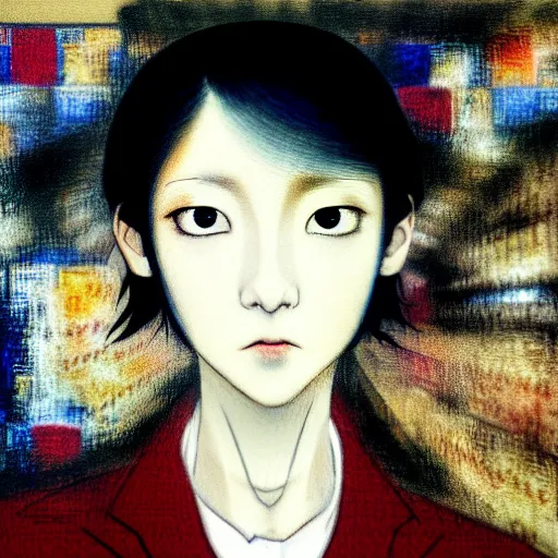 Image similar to yoshitaka amano blurred and dreamy realistic three quarter angle portrait of a young woman with short hair and black eyes wearing office suit with tie, junji ito abstract patterns in the background, satoshi kon anime, noisy film grain effect, highly detailed, renaissance oil painting, weird portrait angle, blurred lost edges