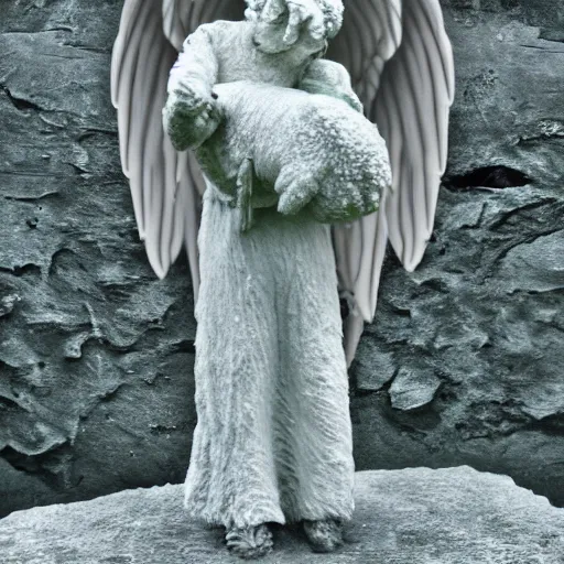 Prompt: Statue of a creepy sheep as an angel, photorealistic, film still, desolate