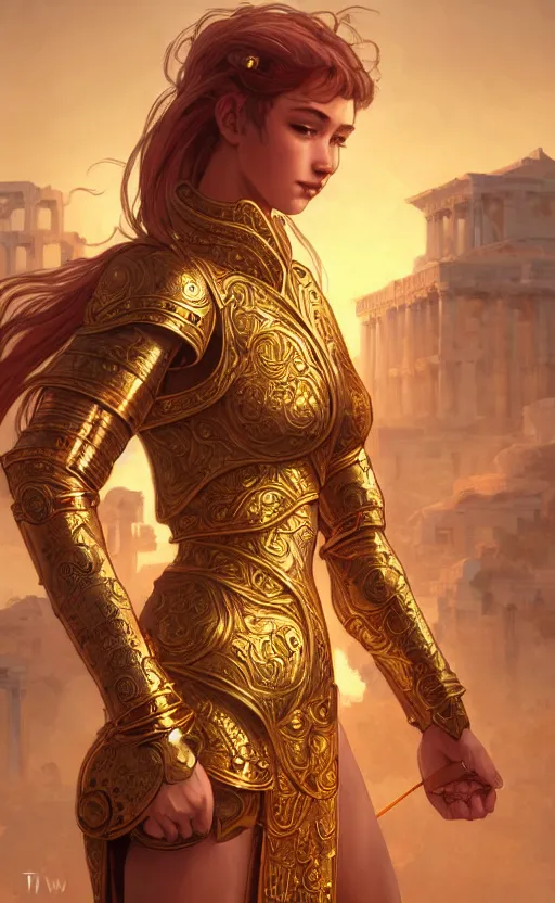 Image similar to portrait knights of zodiac girl, golden and copper shining armor, karate pose, in ruined agora of athens sunrise, ssci - fi and fantasy, intricate and very very beautiful and elegant, highly detailed, digital painting, artstation, concept art, smooth and sharp focus, illustration, art by tian zi and wlop and alphonse mucha