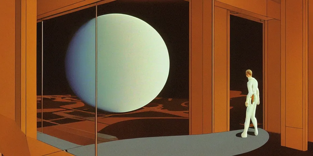 Image similar to 2001: A Space Odyssey, empty lobby, view of Earth through large window, by Ralph McQuarrie