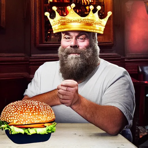 Prompt: Brian Blessed working on a zoom call on a macbook in a pub while drinking beer, eating a massive burger, and wearing a burger king crown. Renaissance painting .