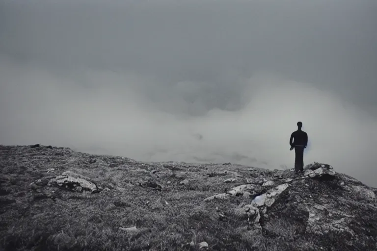 Prompt: gigachad on top of a tall mountain, blue fog, tornadoes surrounding, film photography, soft lighting, vignette