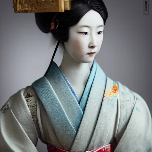 Prompt: portrait of a geisha porcelain doll, fractal, intricate, elegant, highly detailed, digital photography, subsurface scattering, by jheronimus bosch and james jean and greg rutkowski,