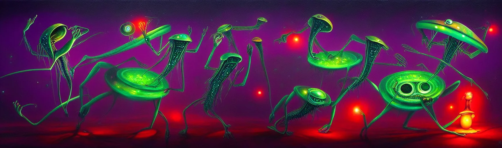 Image similar to strange alien plankton creatures from the depths of the collective unconscious, dramatic lighting, surreal darkly colorful painting by ronny khalil