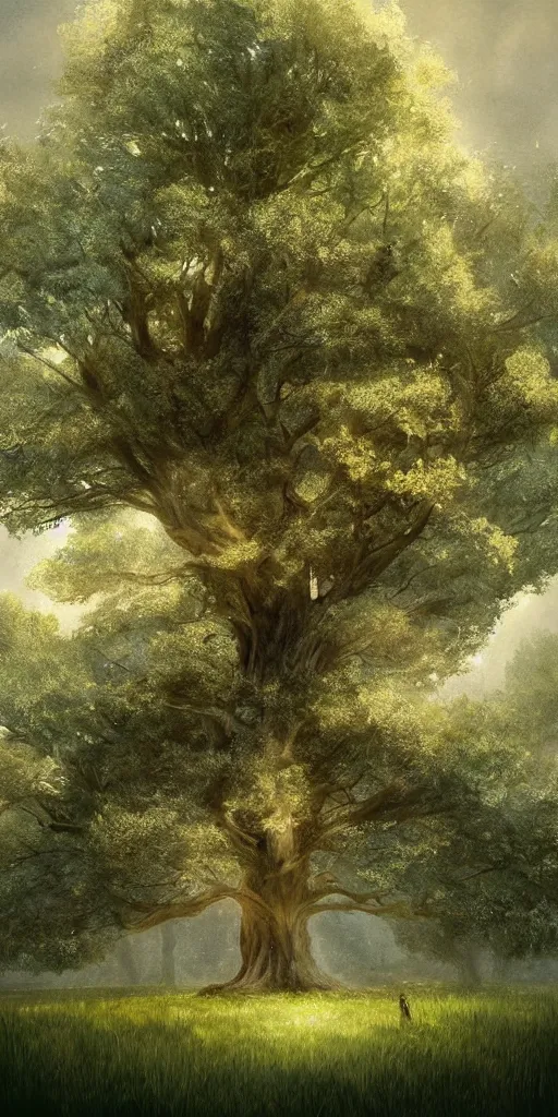 Image similar to a big tree in a meadow with white leaves and some leaves falling retro digital painting, artstation, concept art, soft light, hdri, smooth, sharp focus, illustration, fantasy, intricate, elegant, highly detailed, D&D, matte painting, in the style of Greg Rutkowski and Alphonse Mucha and artemisia, 8k, highly detailed, jurgens, rutkowski, bouguereau, pastoral, rustic, georgic