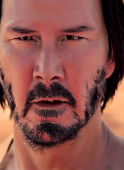 Image similar to close - up keanu reeves as a jedi master, perfect symmetrical face, a red sand desert, moody lighting, 8 k, shallow depth of field, intricate detail,