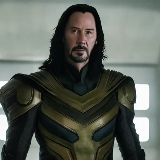 Prompt: film still of Keanu Reeves as Loki wearing the horned helmet in Avengers Endgame