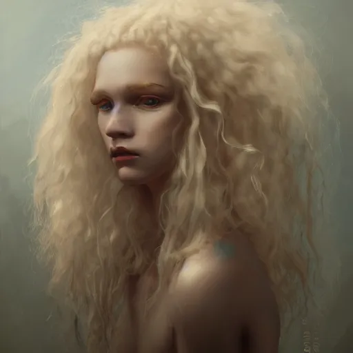 Prompt: a portrait of a beautiful androgynous blond man, albino pale white skin and long fluffy curly blond hair, Center parted curtain bangs, close up view, head and upper body, looking upward, fullface, light from above, by Peter Mohrbacher, trending on artstation, 8k