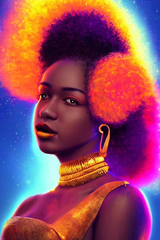 Prompt: stunning breathtaking portrait of an afro goddess, afrofuturism, braided hair, beautiful volumetric lighting, a vibrant color explosion in bokeh background, artstation, photorealism, smooth