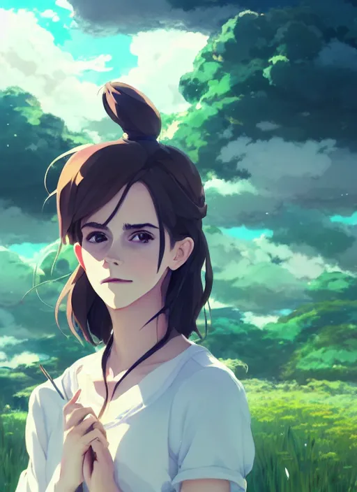 Image similar to portrait of a emma watson, cloudy sky background lush landscape illustration concept art anime key visual trending pixiv fanbox by wlop and greg rutkowski and makoto shinkai and studio ghibli