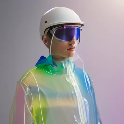 Image similar to an ultra high definition professional studio quality photograph of a transparent iridescent perspex pastel coloured visor and matching raincoat on a white coat hook in an empty white room. dramatic lighting, ray tracing, refraction, shallow d. o. f, colour corrected, golden ratio, three point light. volumetric shadows. light rays.