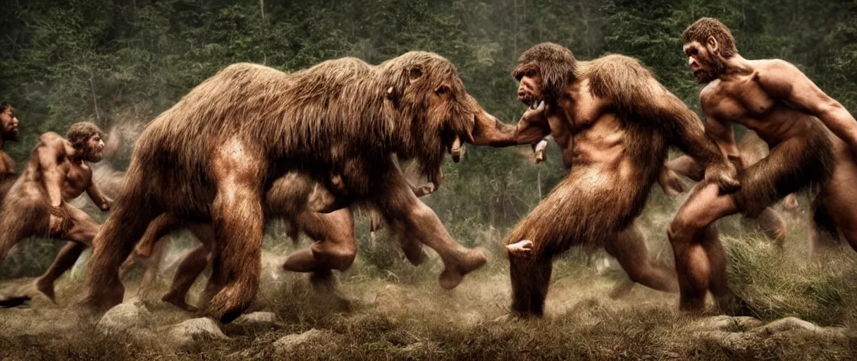 Prompt: 1 5 0 neanderthal people fighting againts one mammoth, perfect dynamic posture, perfect dynamic environment, perfect dynamic body form, perfect dynamic pose, trending pinterest, perfect dynamic position, award winning photo by national geographic, and pulittzer winner, realistic, bokeh, reduce duplication interference