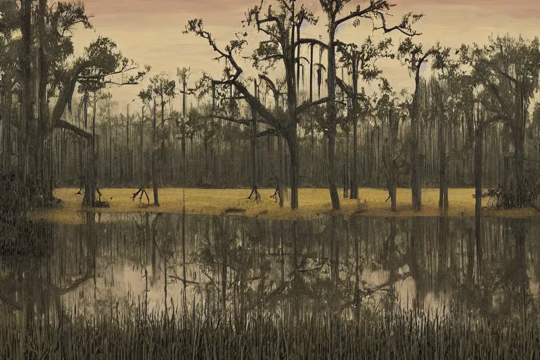 Prompt: scene from louisiana swamps, airboat, neon farm, big oak, pentagram, boy scout troop, voodoo artwork by tim eitel