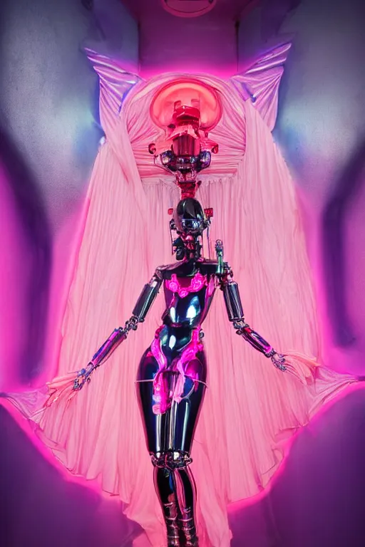 Image similar to full-body baroque and bladerunner style pink neon and chrome statue of a beautiful pale priestess robot goddess humanoid wearing a see-through silk kimono, falling from the ceiling, glowing peach face, street hoody of red steampunk lasers, emeralds, swirling silver silk fabric. futuristic elements. oozing glowing liquid, full-length view. space robots. human skulls. throne made of bones, intricate artwork by caravaggio. Trending on artstation, octane render, cinematic lighting from the right, hyper realism, octane render, 8k, depth of field, 3D