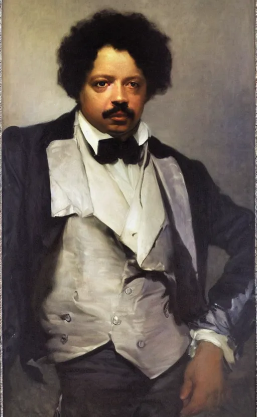 Prompt: Portrait of Alexandre Dumas, oil on canvas, highly detailed, high contrast, by Franz Xaver Winterhalter, Henry Ossawa Tanner, Anthony van Dyck, 8k