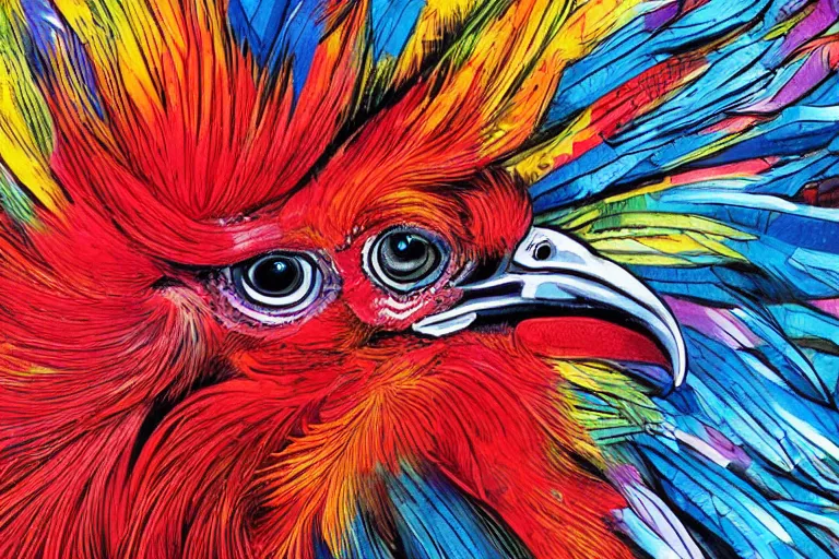 Prompt: illustration of a rooster with feathers of many colors, by liam cobb, lively colors, portrait, sharp focus, colored feathers