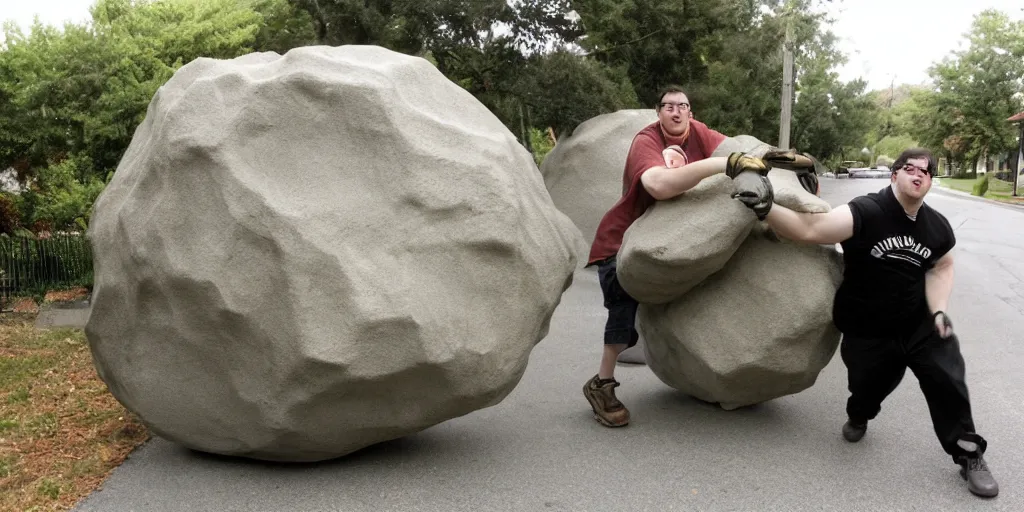 Image similar to Rocco Botte pushing a giant Boulder down a suburban street, natural lighting, 2008