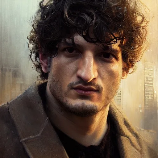 Image similar to louis garrel, hyperrealistic portrait, bladerunner street, art of elysium by jeremy mann and alphonse mucha, fantasy art, photo realistic, dynamic lighting, artstation, poster, volumetric lighting, very detailed face, 4 k, award winning