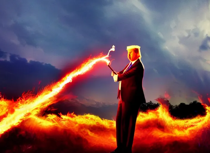 Prompt: burning donald trump casting fireballs, colorful hd picure, lightning in the background