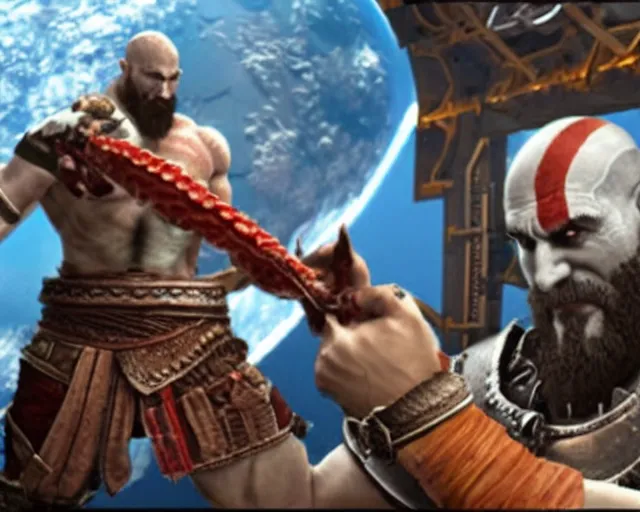 Image similar to kratos from the god of war videogame eating a whole lobster in the international space station