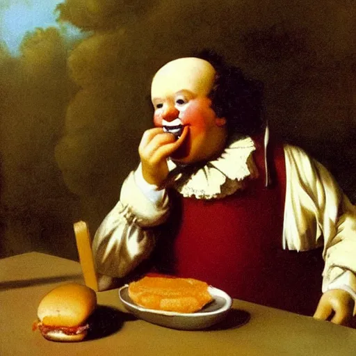 Image similar to ronald mcdonald eating a hamburger, painting by fransisco goya