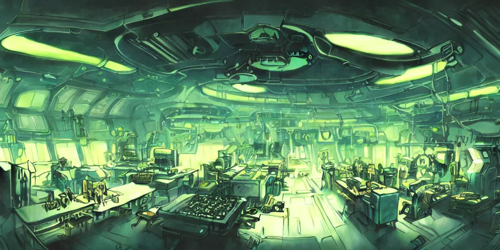 Image similar to interior of a scifi mechanical laboratory, green light, cluttered with machinery and mechanical equipment, artificial intelligence, parabolic lighting, epic composition, wide angle, by miyazaki, nausicaa ghibli, breathe of the wild