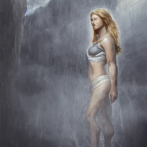 Prompt: portrait of mercenary's wife young beautiful woman standing on primeval waters, dynamic lighting, cinematic, establishing shot, extremely high detail, photo realistic, cinematic lighting, oil painting, intricate line drawings