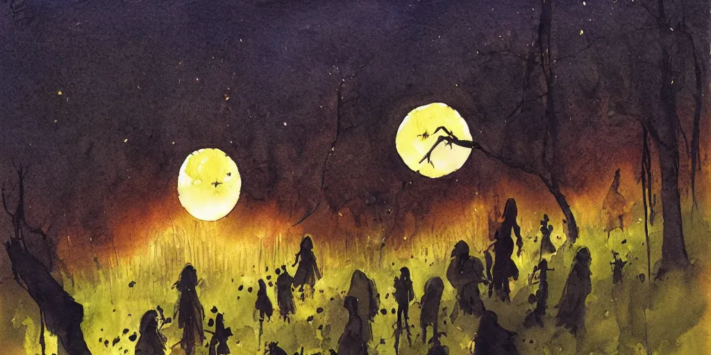 Image similar to forest mystical ceremony under the moon light, fireflies, ominous sky, watercolor by jeffrey catherine jones