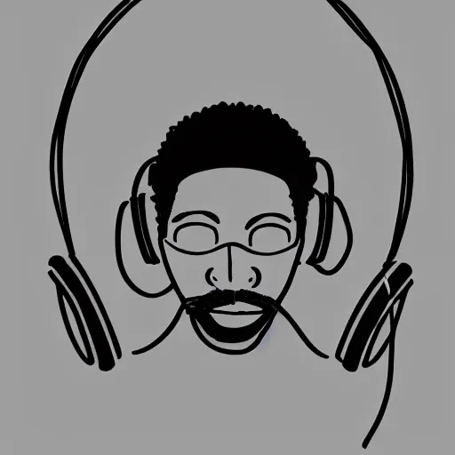 Prompt: black man at 20s with short hair, thin mustache, thin face, wearing headphones, with futuristic robot eyes, doodle art