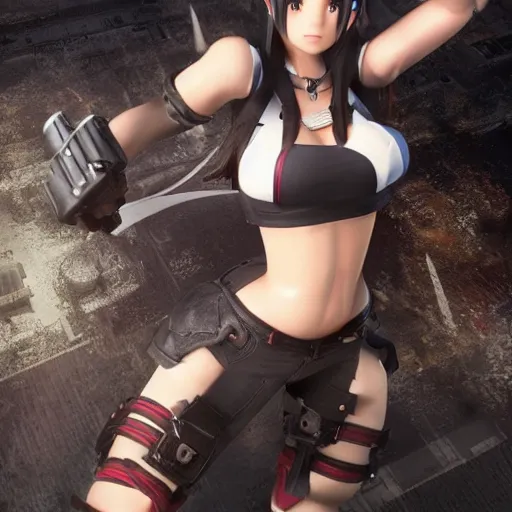 Image similar to a giant giga sized tifa from final fantasy 7 remake having fun destroying a city while smiling, digital art, octane render, award winning, very detailed, full body portrait, 3d render, detailed facial expressions, destroyed city, 4k destruction, fire, video game art, no text, ray tracing