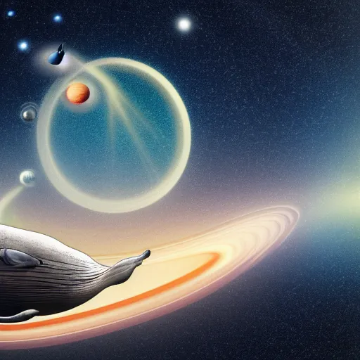 Prompt: a whale floating through space with stars and planets, diffused light, golden ratio, 8 k