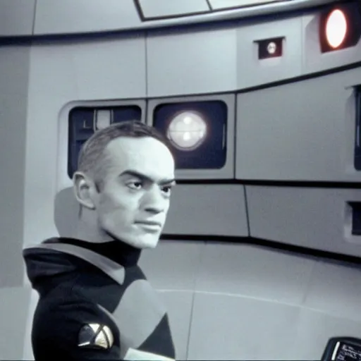 Image similar to young, handsome starfleet ensign taking station in the engine room, star trek, ds9, film still