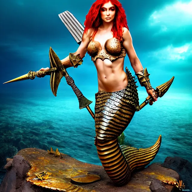 Image similar to armoured mermaid warrior with trident 4 k, hdr, smooth, sharp focus, high resolution, award - winning photo, anne stokes, photorealistic