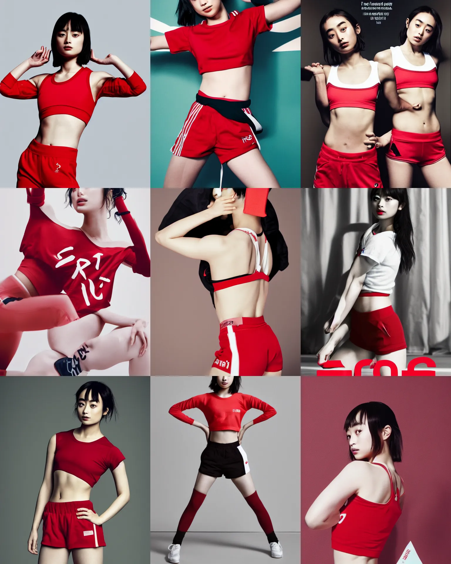 Prompt: suzu Hirose wearing crop red gym top with white lettering, cropped red yoga short, Advertising photography by Mario Testino, masterwork, artstation, cgstudio