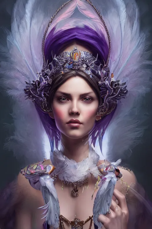 Image similar to beautiful model wearing crystal white feather, sorcerer in purple ornate,, diamonds, angel, fantasy, dramatic lighting, highly detailed, digital painting, holding electricity, magic the gathering, hyper detailed, 3 d render, hyper realistic detailed portrait, peter mohrbacher, wlop, ruan jia