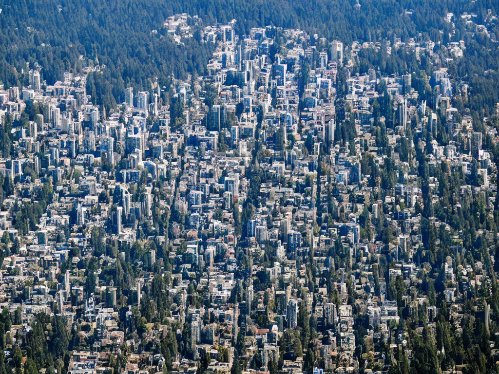 Prompt: bird's eye view photo of a metropolis highrise city, redwood forest to the south