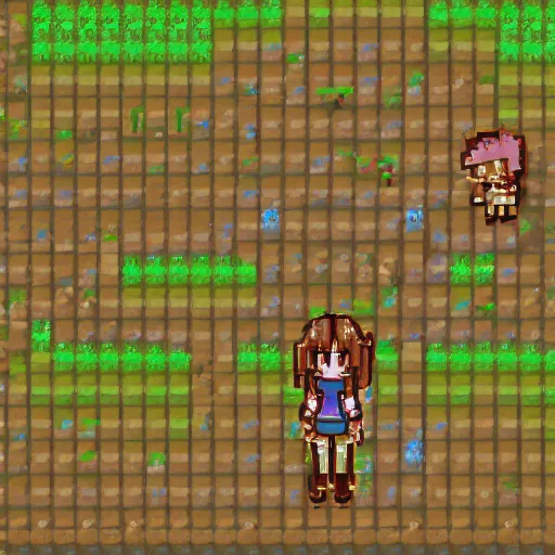 Prompt: isometric, pixel art, secret of mana style, from arknights, girl, brown jacket with long sleeves, brown hair, hair down, pigtails hair, green eyes, clean background