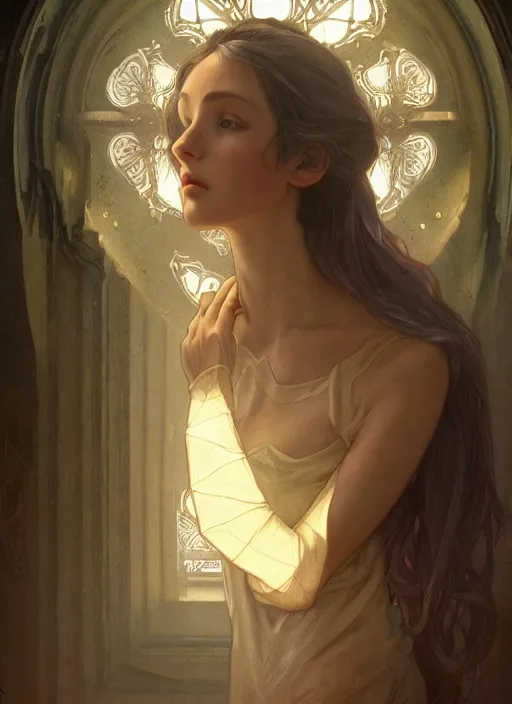 Image similar to perfectly - centered - portrait of a beautiful lady inside abandoned asylum, light comes from the window, intricate, highly detailed, digital painting, artstation, concept art, smooth, sharp focus, illustration, unreal engine 5, 8 k, art by artgerm and greg rutkowski and alphonse mucha