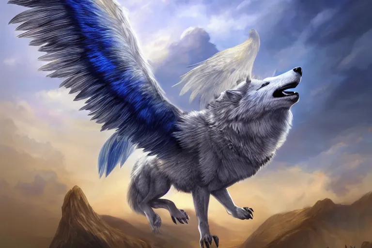 Image similar to Blue feathered wolf with wings on a beautiful fantasy landscape, post processing, ultra detailed, trending on artstation