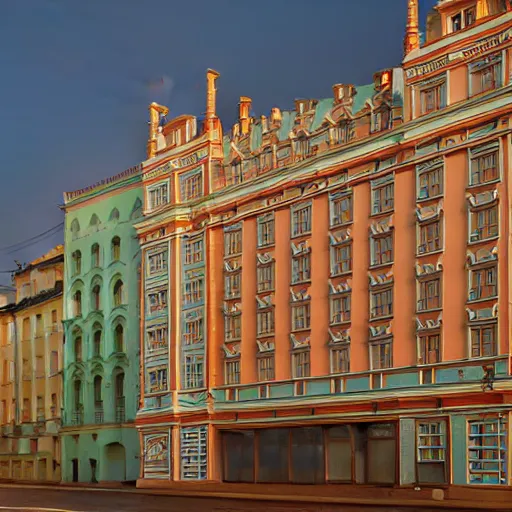 Image similar to wes anderson lviv building facade highly detailed, photo, artstation, 3 d render, sharp focus, art by tokiolab and alphonse mucha, 8 k, ultra realistic, lens flare, glow, soft lighting, hyperrealistic, unreal engine