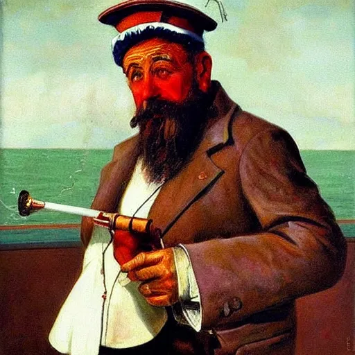 Image similar to painting of sailor hobo hyperrealism vasily vereshchagin with smoking pipe