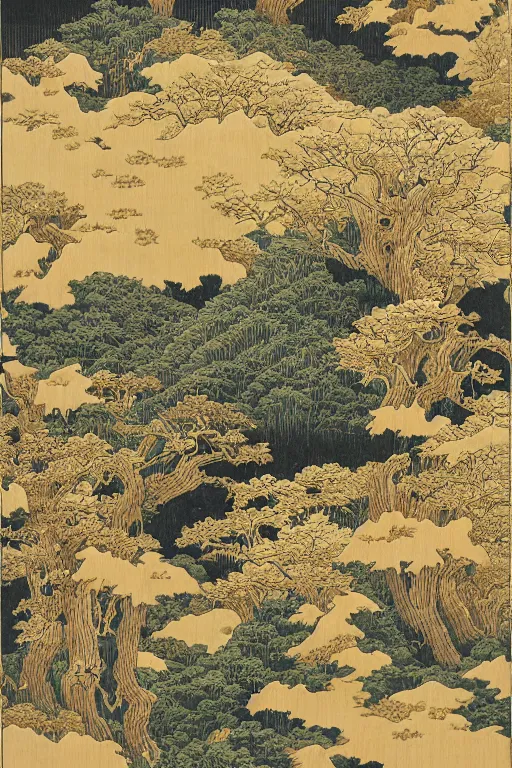 Image similar to japanese woodblock print of a landscape in the style of fantasy painted by kano sanraku, james jean, takato yamamoto, mc escher in the style of nihonga, gold leaf painting, fractal art, intricate detail